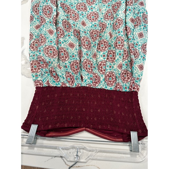 Roxy Womens Strapless Maxi‎ Dress Burgundy Teal Medallion Smocked Top XS - Picture 3 of 6